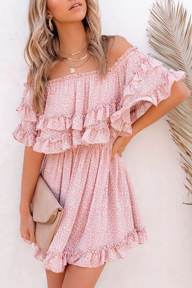 Off Shoulder Fashion Print Chiffon Mini Dress P13593