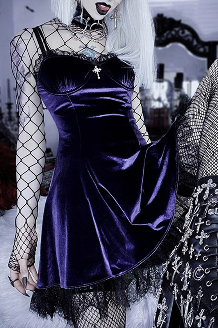 Gothic Purple Party Velvet Patchwork Lace Cami A-line Mini Dress