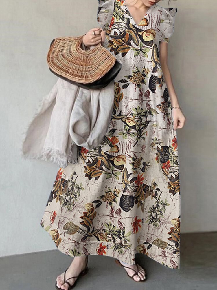 Plant Print Sleeveless Ruffle V Neck Cotton Maxi Dress