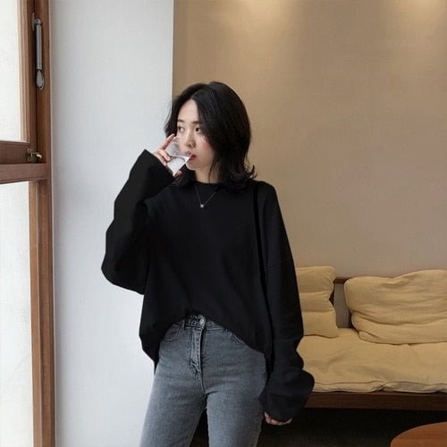 spring Solid Simple oversized tshirt harajuku long T Shirt Women kawaii T-shirts Women 90s White yellow long Sleeve Tops - BlackFridayBuys