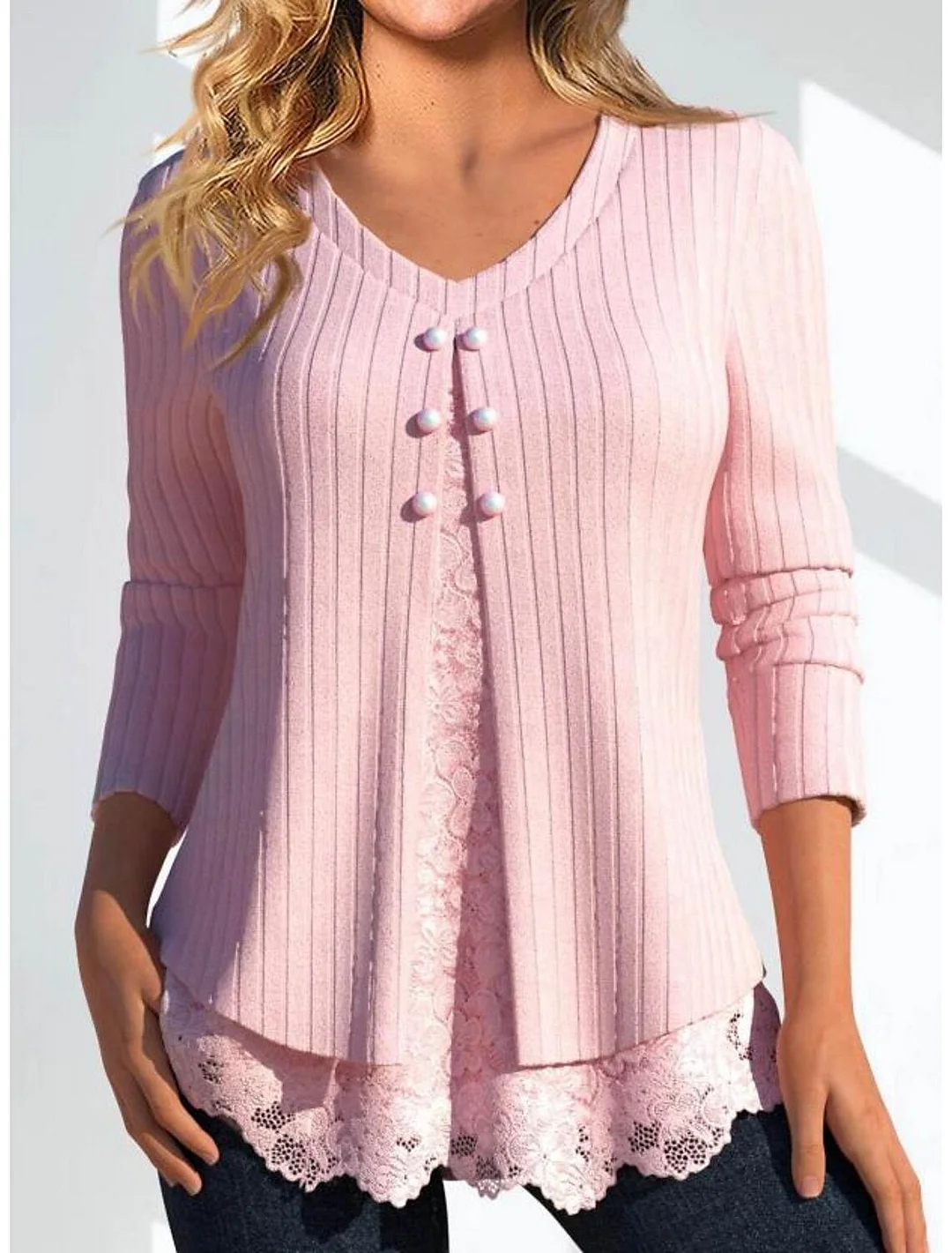 Women Long Sleeve V-neck Solid Button Lace Tops
