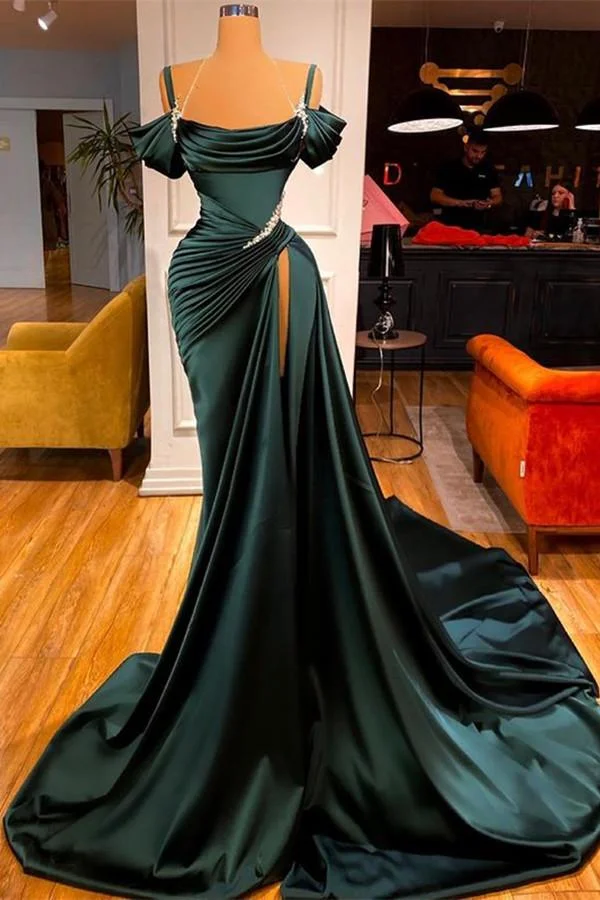 Derk Green Off-the-Shoulder Prom Dress Long Slit Pleated PD021