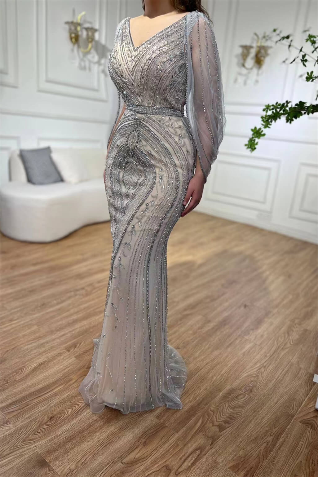 Dresseswow Cape Sleeves Mermaid Prom Gown Long Beadings Online V-Neck