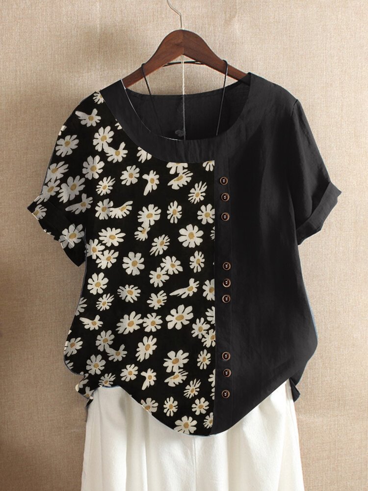 Daisy Floral Print Patchwork Short Sleeve T shirt For Women P1659568