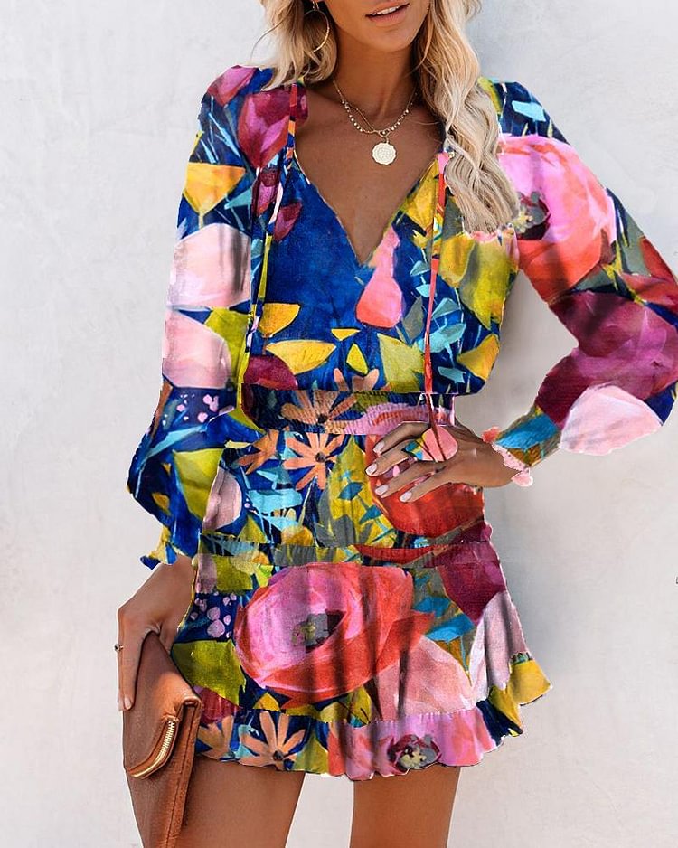 Multicolor Floral Print Skinny Waist Long Sleeve Mini Dress - Shop Trendy Women's Clothing | LoverChic