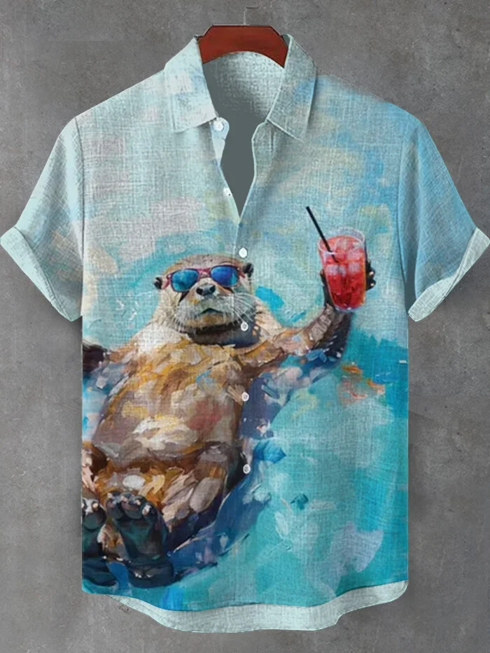 Men's Otter Swims Backstroke And Drinks Alcohol Print Casual Shirt