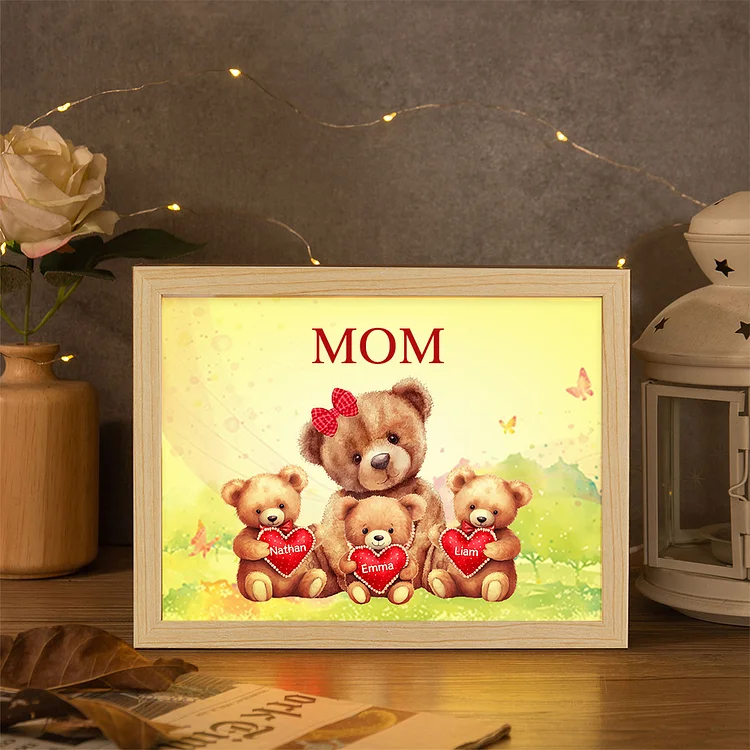 Personalized Frame Night Light Custom 1 Text  & 3 Names Teddy Bears Family Ornament Gifts for Mother/Grandma