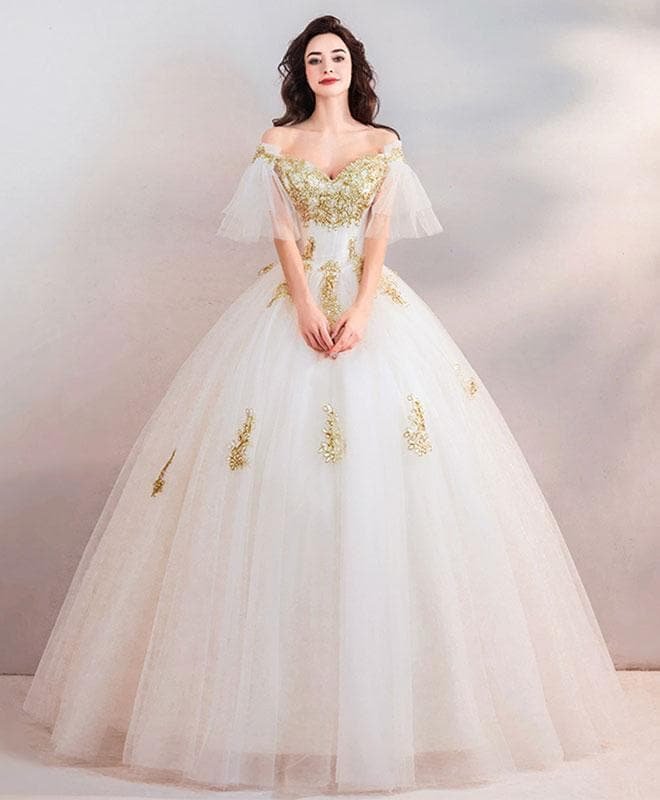 White Tulle Lace Long Prom Gown, Tulle Lace Evening Dress