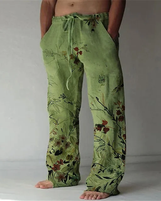 Suitmens Men's Floral Pattern Cotton Linen Trousers 21