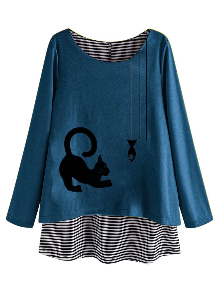 Casual Print Cat Fish Crew Neck Patch Striped Blouse P1595578