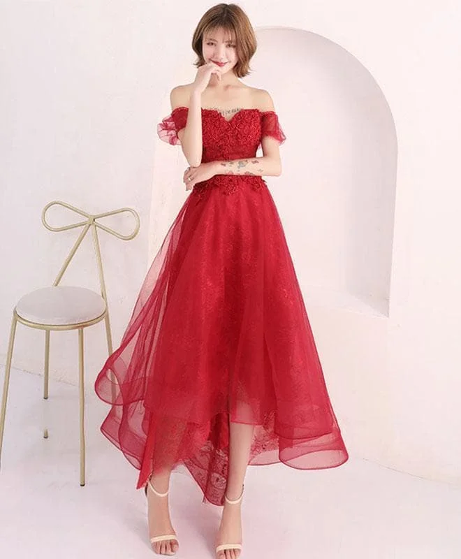 Burgundy Lace Short Prom Dress, Burgundy Evening Dress