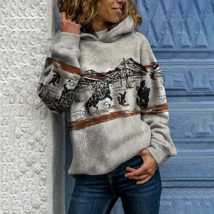 VChics Vintage Wilderness Print Long Sleeve Hoodie
