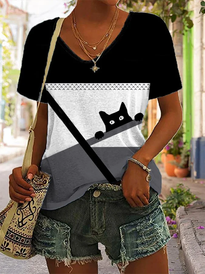 Cat Print Casual Short Sleeve T-Shirt socialshop