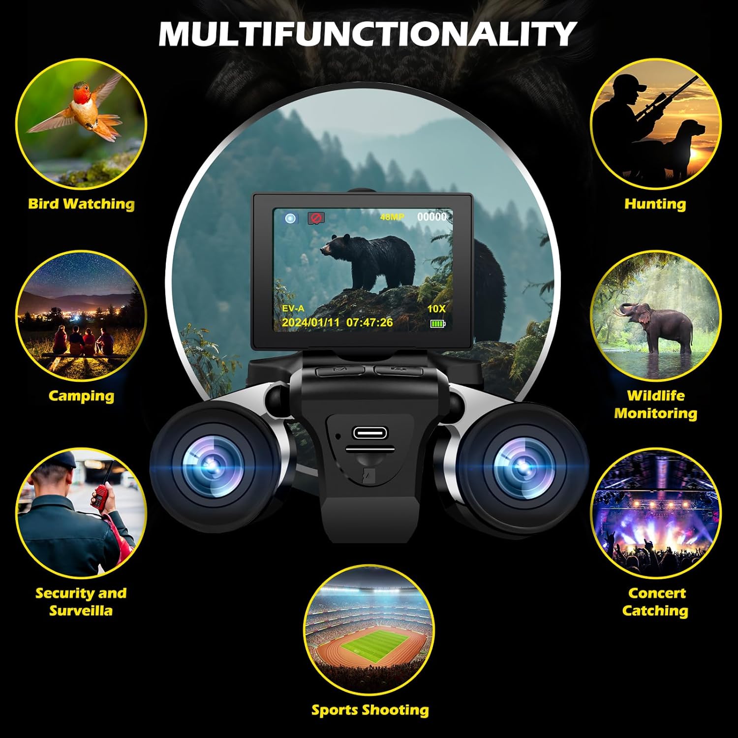 BekinTek 12x32 Digital Binoculars with Camera 2.4" LCD 8x Digital Zoom 48MP Photo 2.5K Video Recoder Camcorder for Bird Watching Concerts Sports Games 3