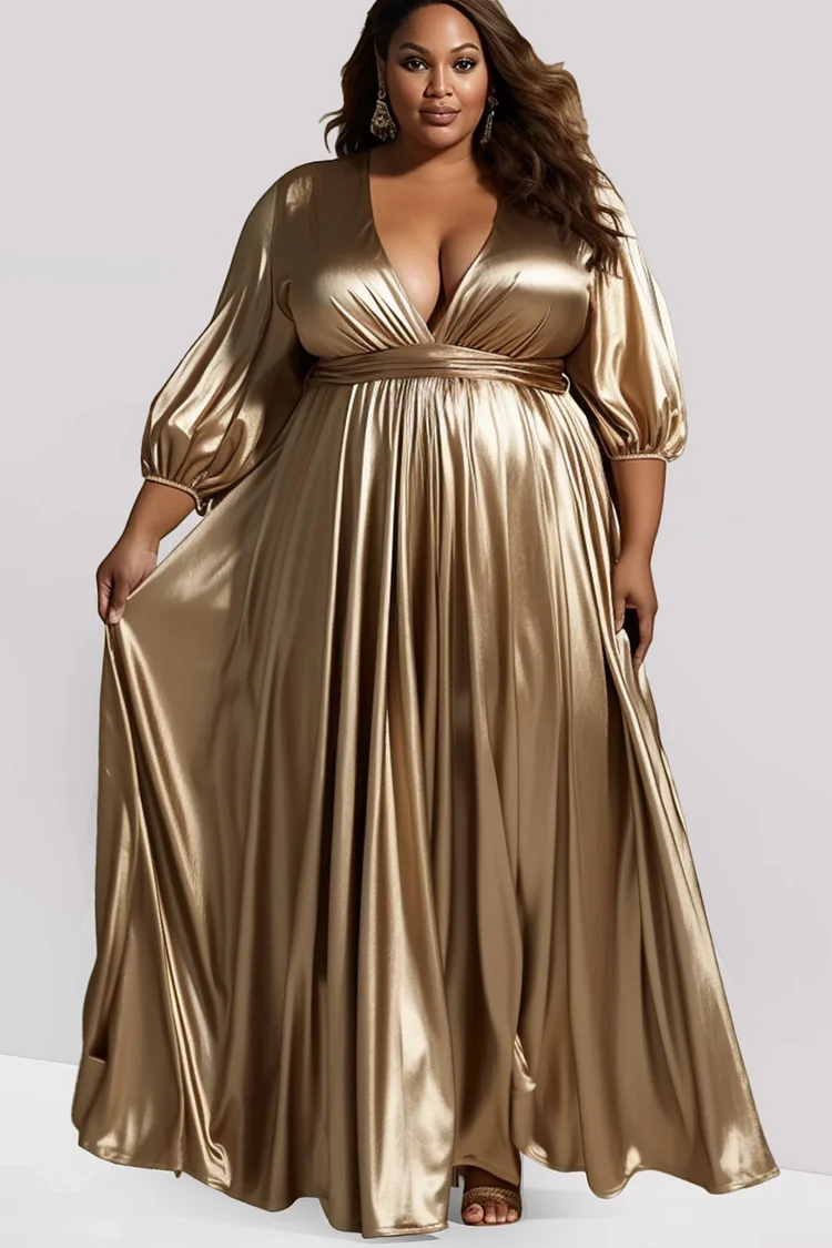 Plus Size Formal Maxi Dresses Elegant Gold Fall Winter Wrap Neck 3/4 Sleeve Pleated Glitter Fabric Maxi Dresses [Pre-Order]