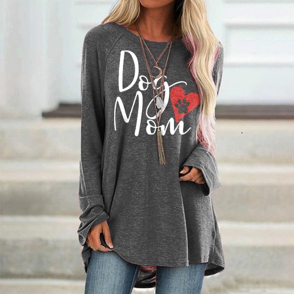 Dog Mom Print Casual Long-Sleeve Tunic