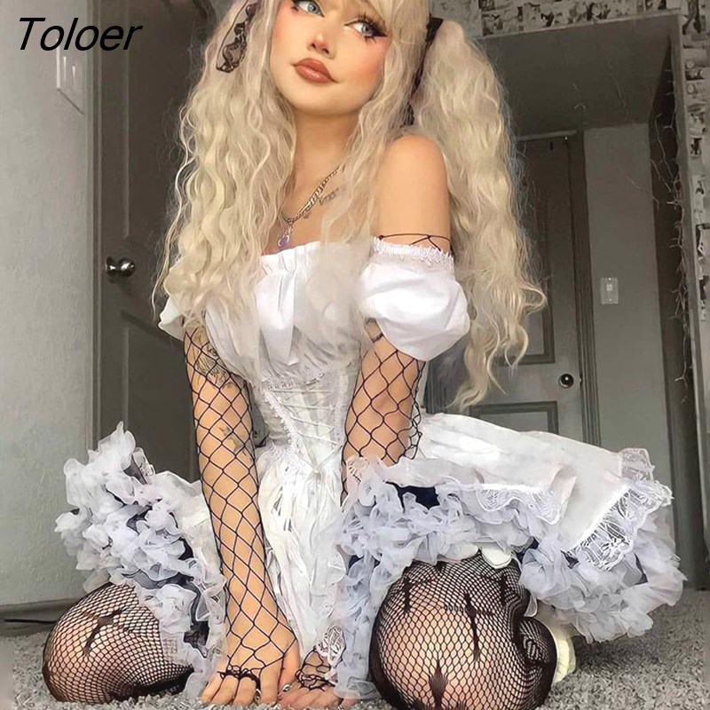 Toloer Goth Bandage Harajuku White Lolita Kwaii Dresses Black Women Sexy Mini Dress Gothic Lace