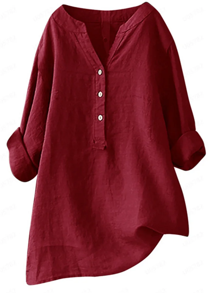 Summer Women's Cotton Linen Loose Solid Color Blouse Cotton Linen Long Sleeve Tops Pocket S-5XL-JRSEE