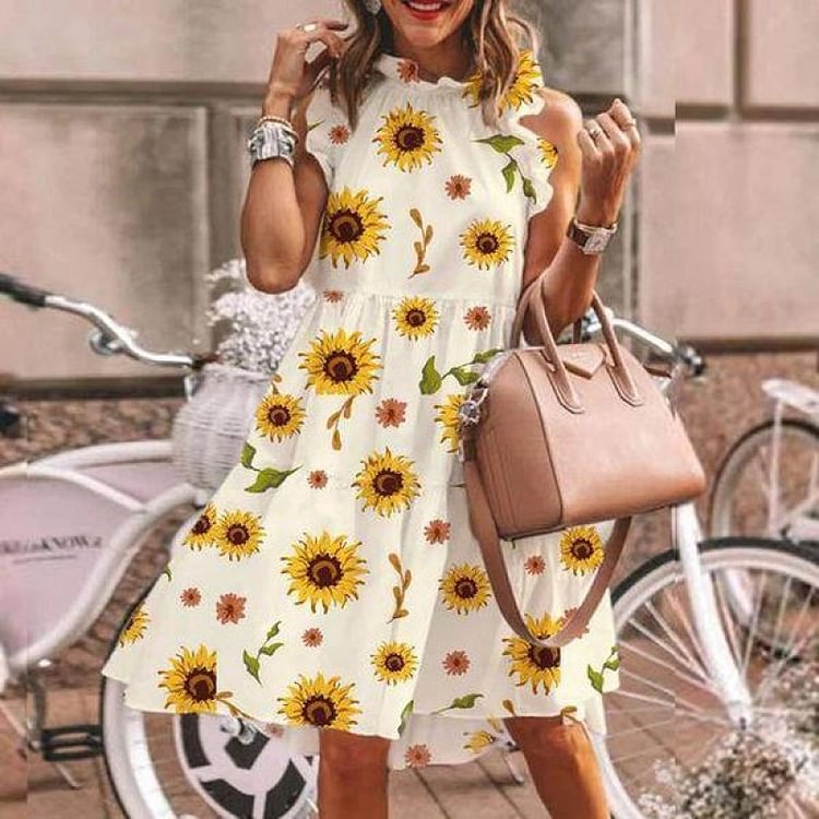 Sunflower Print Crew Neck Sleeveless Midi Dress