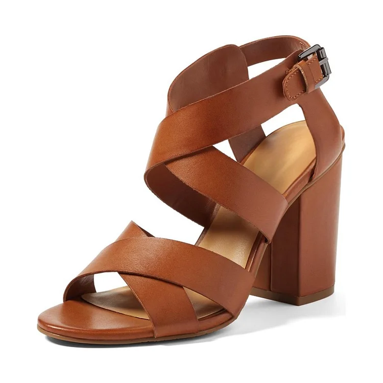 Tan Open Toe Chunky Heel Sandals for Office Lady Vdcoo