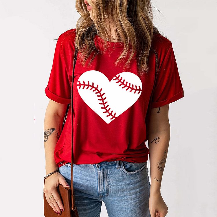 Comstylish Heart Baseball Print Short Sleeve T-Shirt
