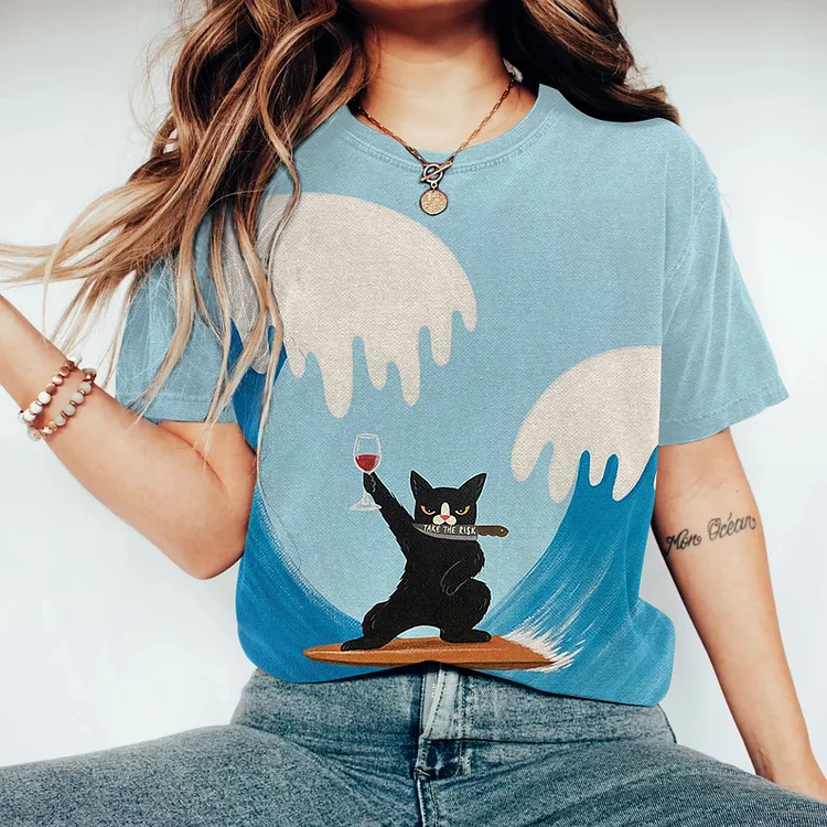 Comstylish Take The Pisk Wave Cat Print T-Shirt