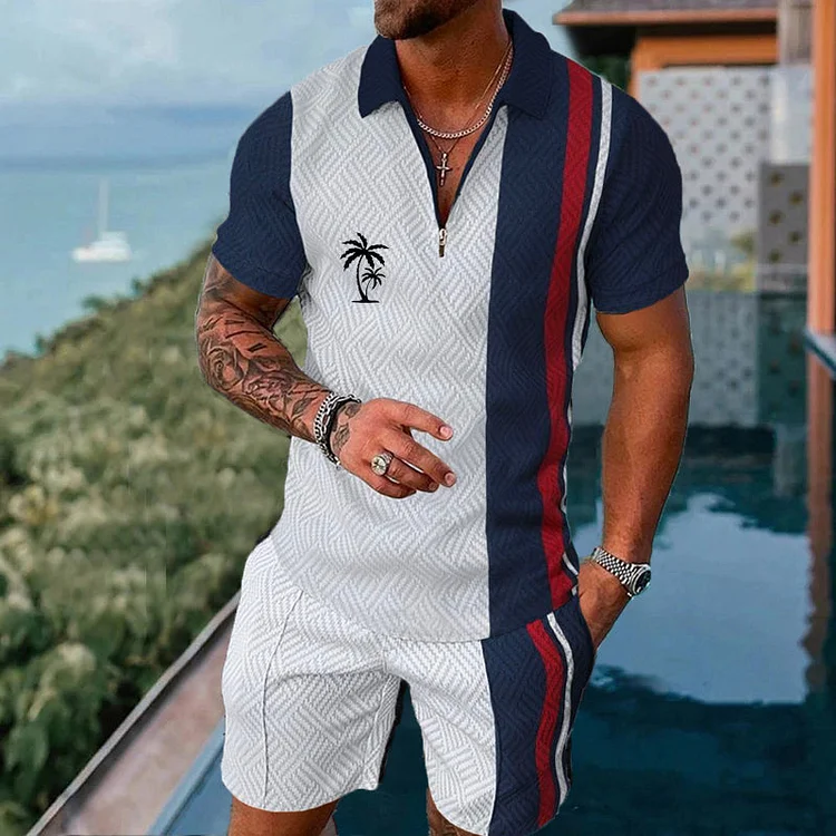 Broswear Vertical Stripe Contrasting Coco Print Polo Shirt And Shorts Co-Ord