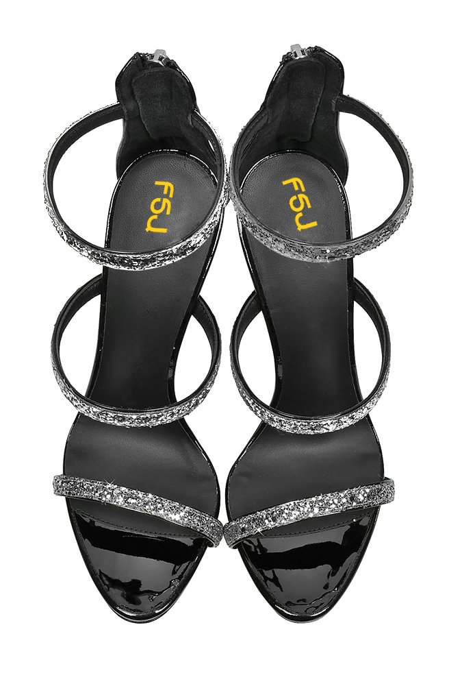 Silver Glitter Shoes Stiletto Heels Open Toe Sandals by FSJ |FSJ Shoes
