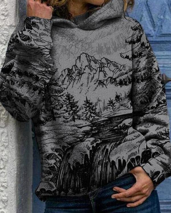 Women Landscape Print Hooded Long Sleeve Casual Hoodie