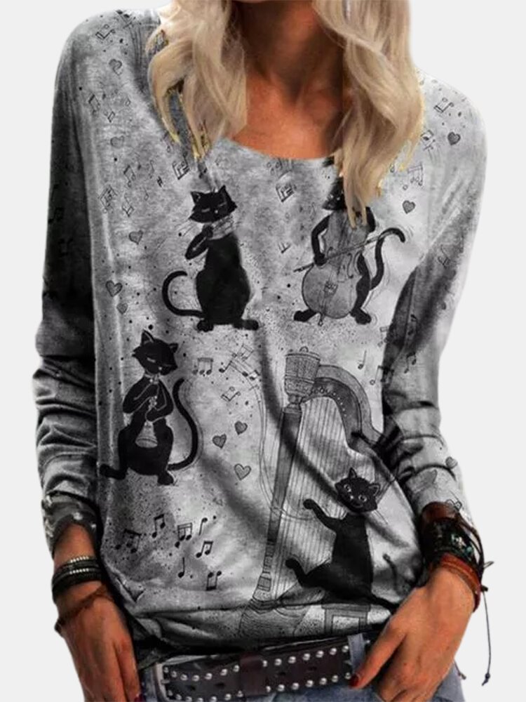 Cat Print Long Sleeve Casual T Shirt For Women P1783535