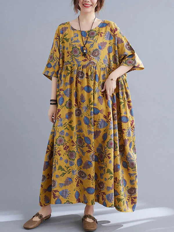 Original Floral Print Round-Neck Batwing Sleeves Maxi Dress