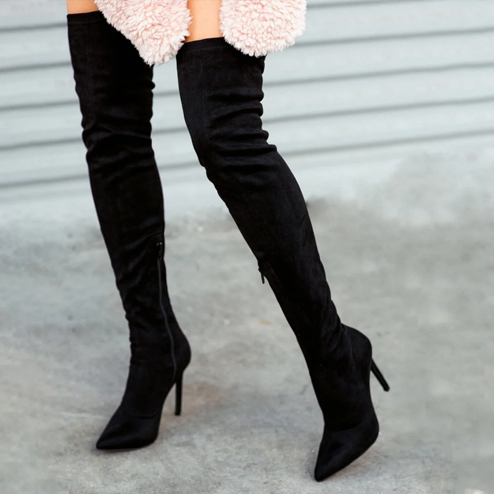Sexy Black Vegan Suede Stiletto Heel Thigh High Boots with Zipper Nicepairs