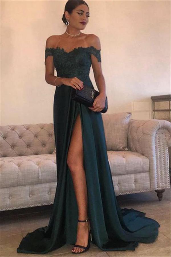 Dresseswow Dark Green Off-the-Shoulder Prom Dress Lace With Slit