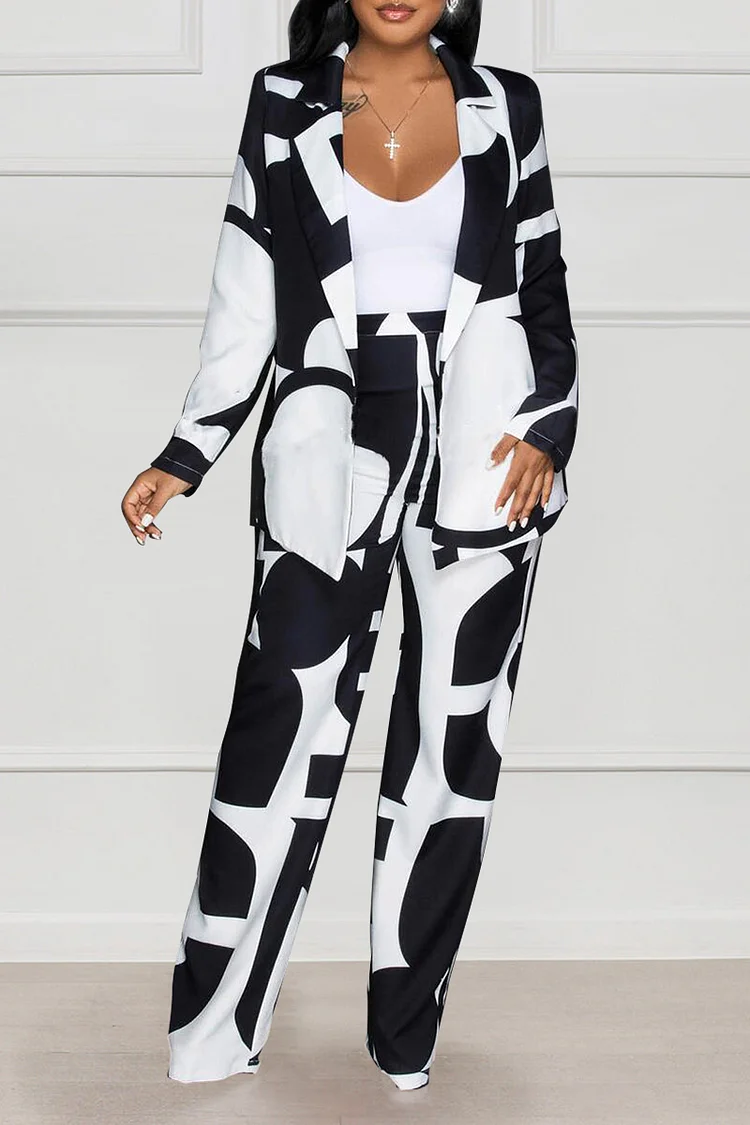 Geometric Print Notch Lapel Blazer Straight Leg Pants Matching Set
