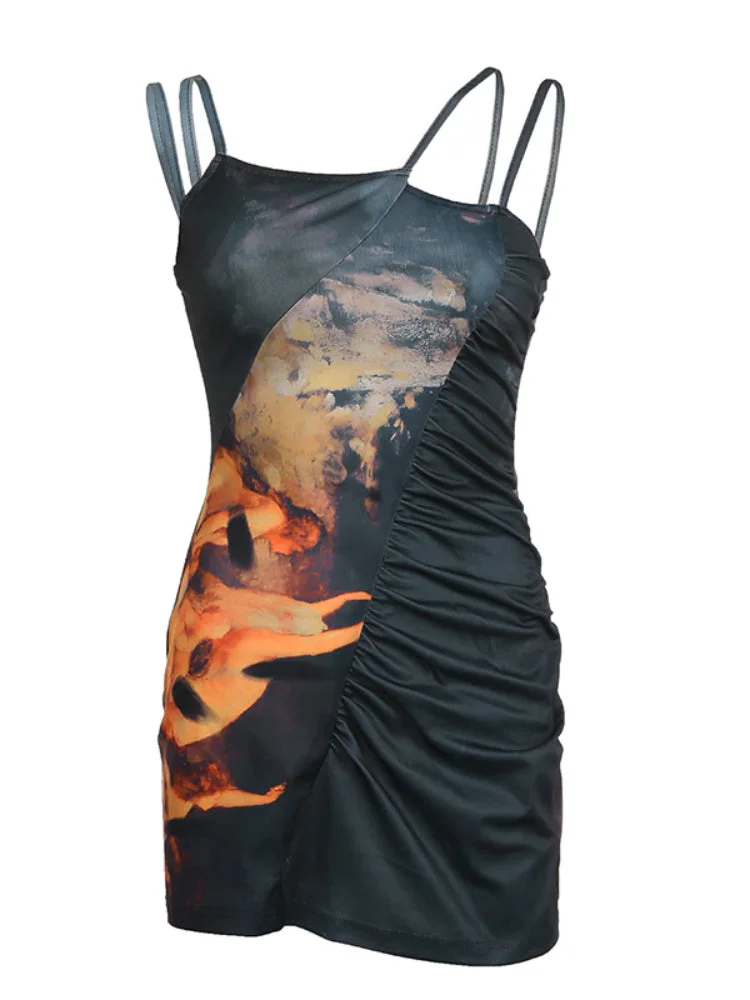 ABEBEY-Retrol Printed Strap Halter Patchwork Dress