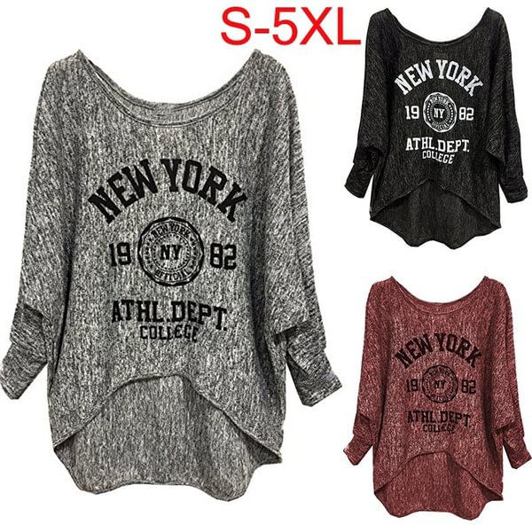 Spring Summer New Women Fashion Sexy Print Letter Long Sleeve T-shirts O-neack Irregular Casual Tops Plus Size Women Pullovers - BlackFridayBuys