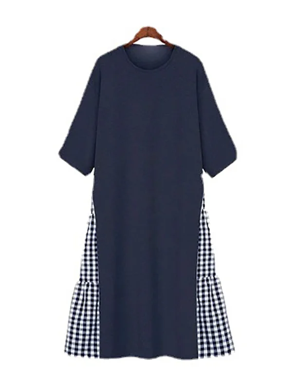 Casual Roomy Long Sleeves Plaid Split-Joint Round-Neck Midi Dresses