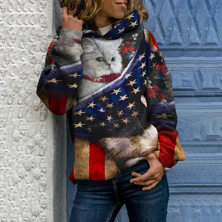 Vefave Vefave Flag Cat Print Hoodie