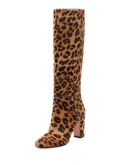 Brown Leopard Chunky Heel Suede Mid-calf Boots Vdcoo