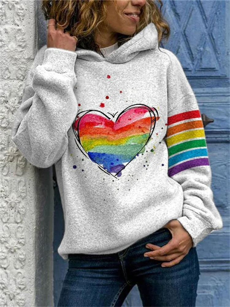 Casual Rainbow Heart Print Hooded Sweatshirt