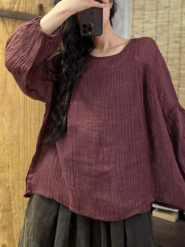 Long Sleeves Roomy Pleated Pure Color Round-Neck T-Shirts