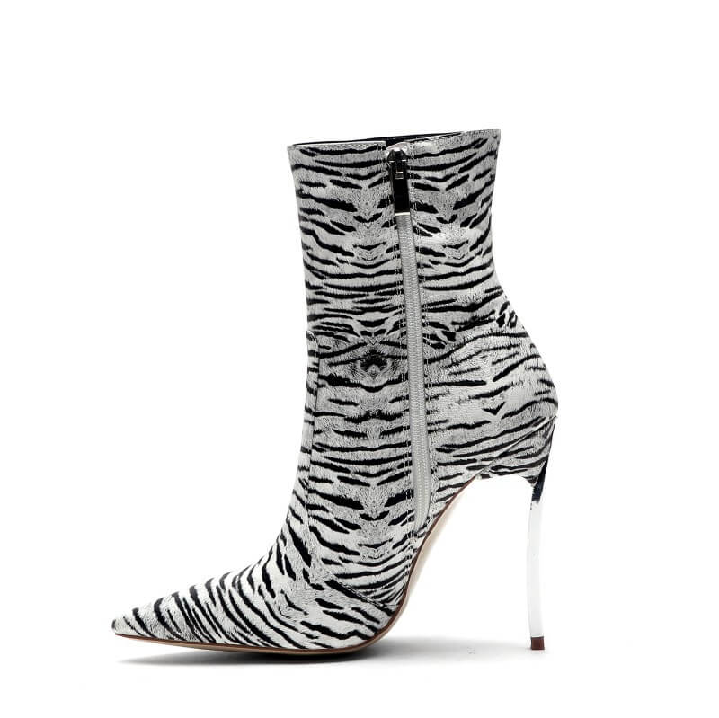 VCSHOES Tiger Print Pointed Toe Zipper High Heel Ankle Boots