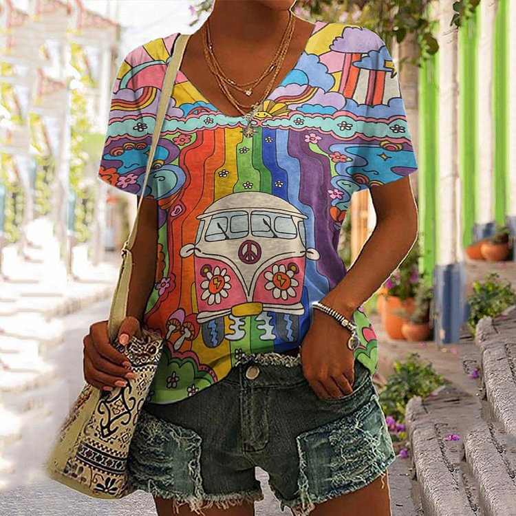 Hippie Peace Bus Rainbow Print V-Neck Short Sleeve T-Shirt
