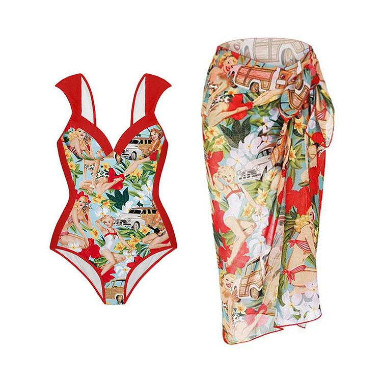 Flaxmaker Plus Size Vintage Print One Piece Swimsuit and Sarong