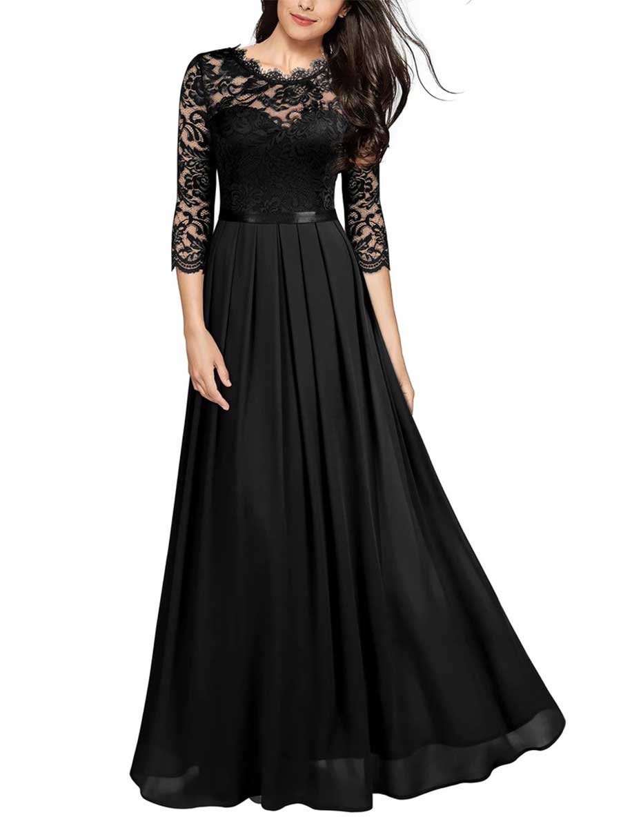 Prom Dress Hollow Lace Chiffon Panel Long Dress