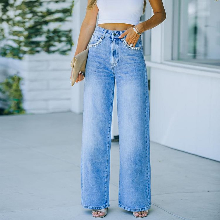 Comstylish Casual High Waist Petal Pocket Denim Jeans