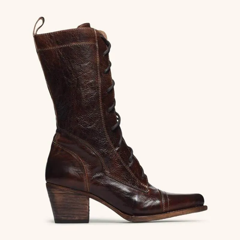 VCSHOES Leather Strap Chunky Heel Calf Boots
