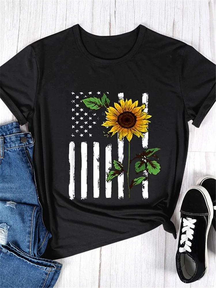Casual Sunflower Print Short Sleeve Round Neck T-Shirt