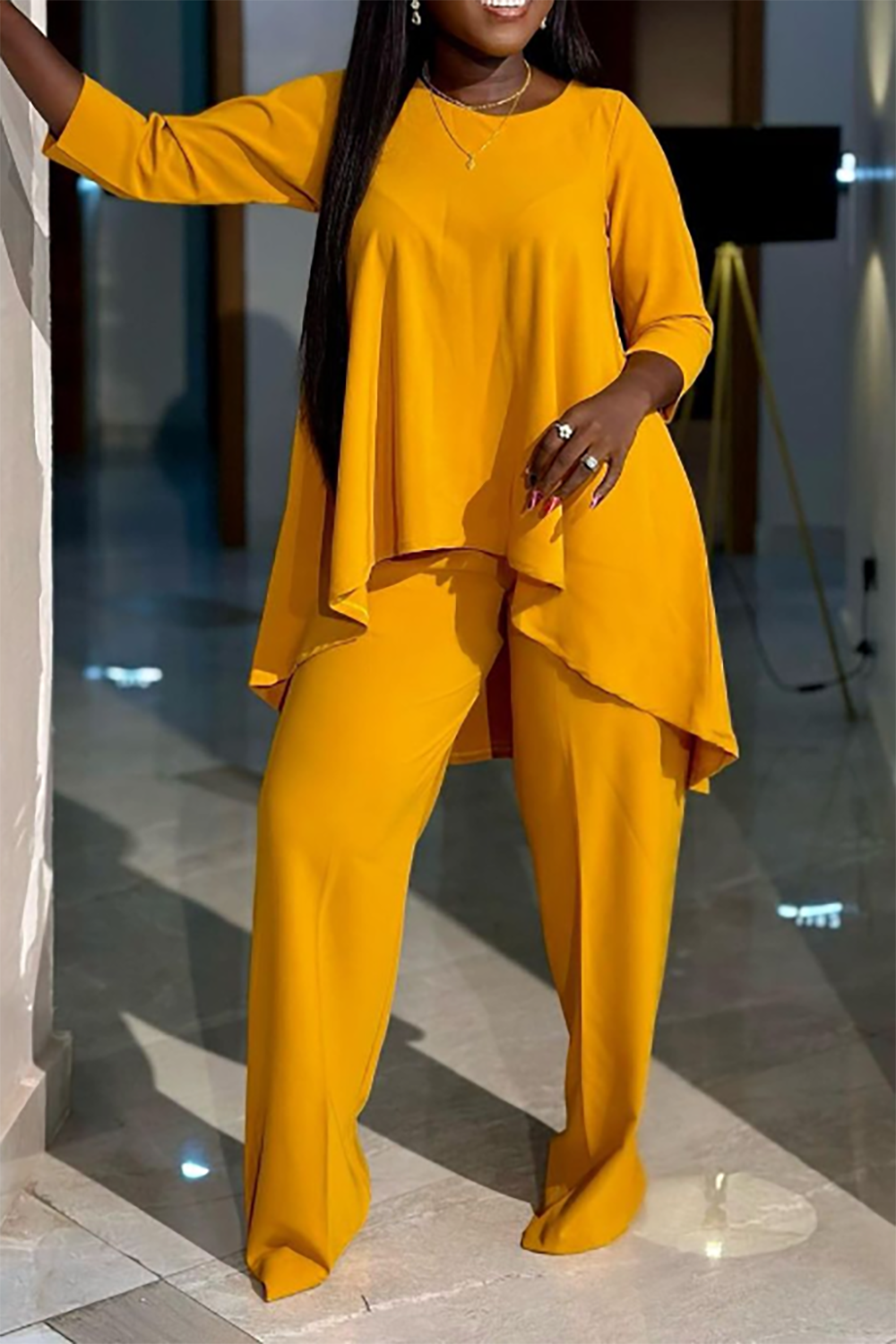 Xpluswear Design Plus Size Casual Pant Set Yellow Round Neck Short Sleeve  Irregular Two Piece Pant