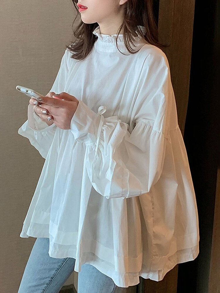 Solid Color Knotted Pleated Long Sleeve Ruffle Blouse for Women P1770362